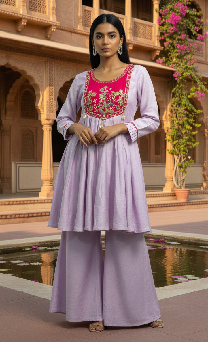Lavender Contrast Yoke Embroidered Moti Sharara Co-ord Kurta Set