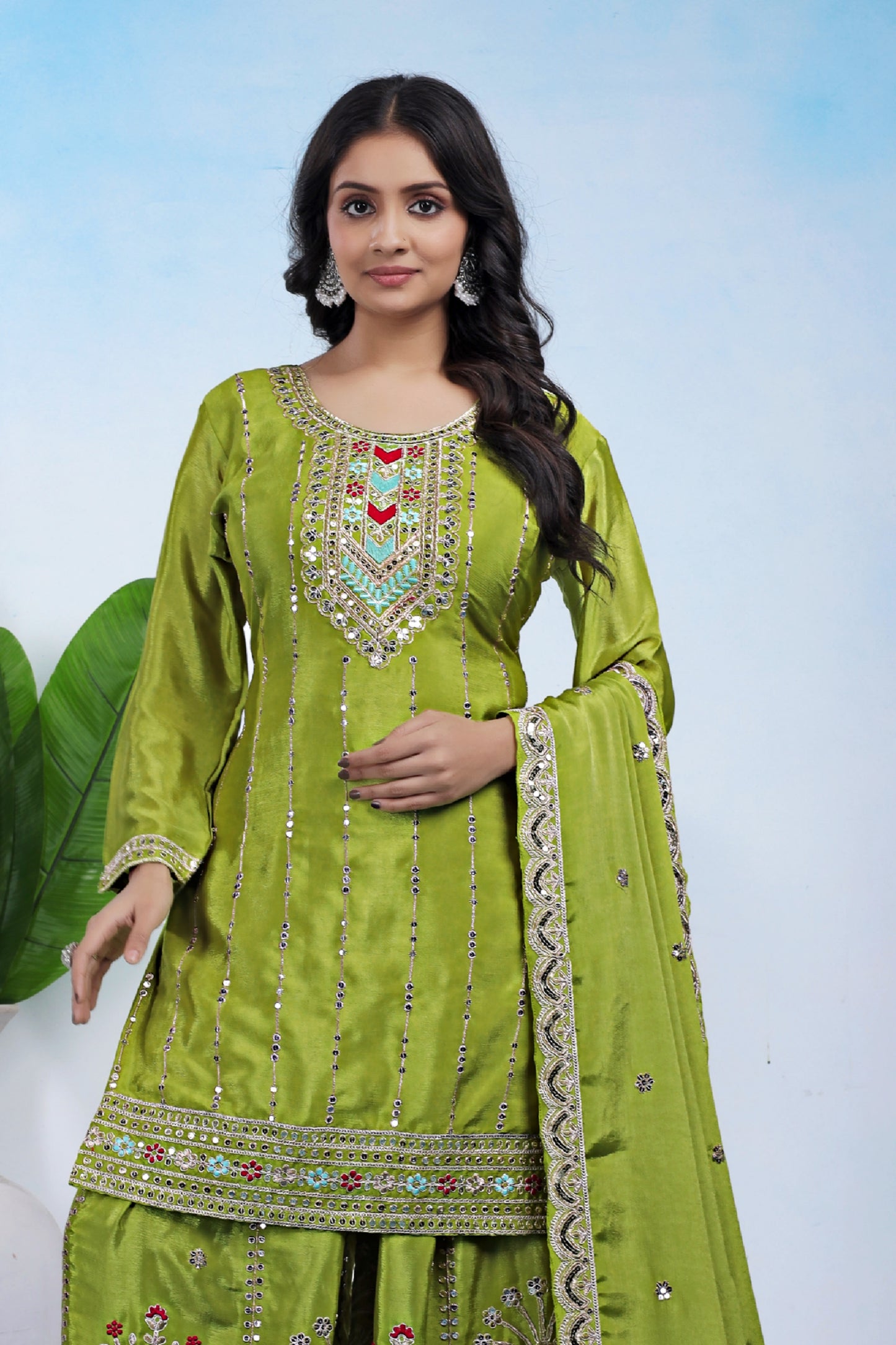Chinon Embroidered Suit with Sharara and Dupatta