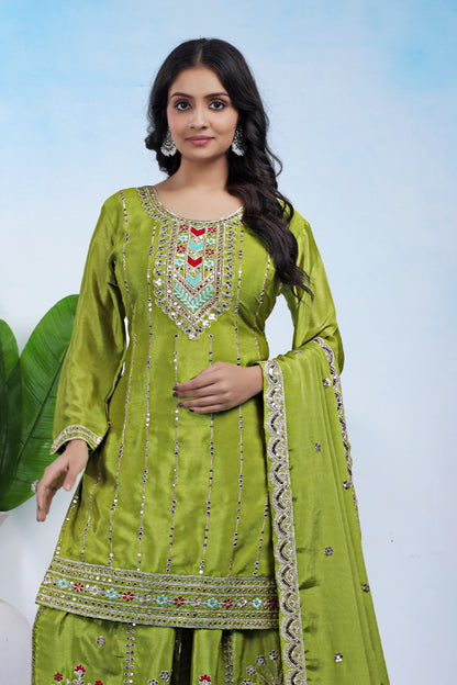 Chinon Embroidered Suit with Sharara and Dupatta