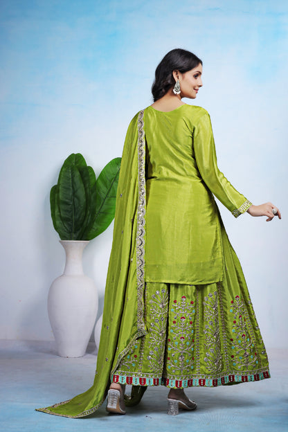 Chinon Embroidered Suit with Sharara and Dupatta
