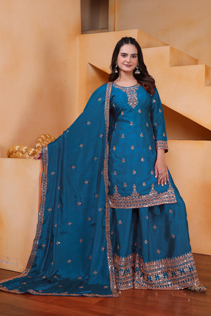 Chinon Sequence Embroidered Top Sharara Dupatta Set