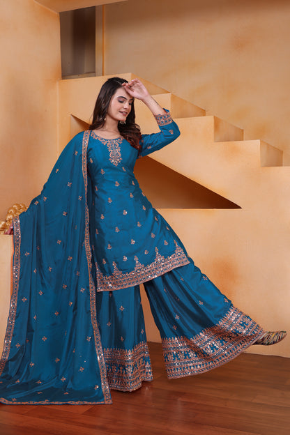 Chinon Sequence Embroidered Top Sharara Dupatta Set