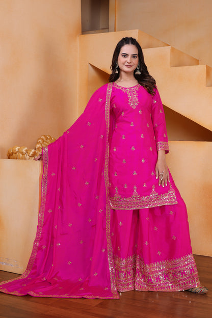 Chinon Sequence Embroidered Top Sharara Dupatta Set