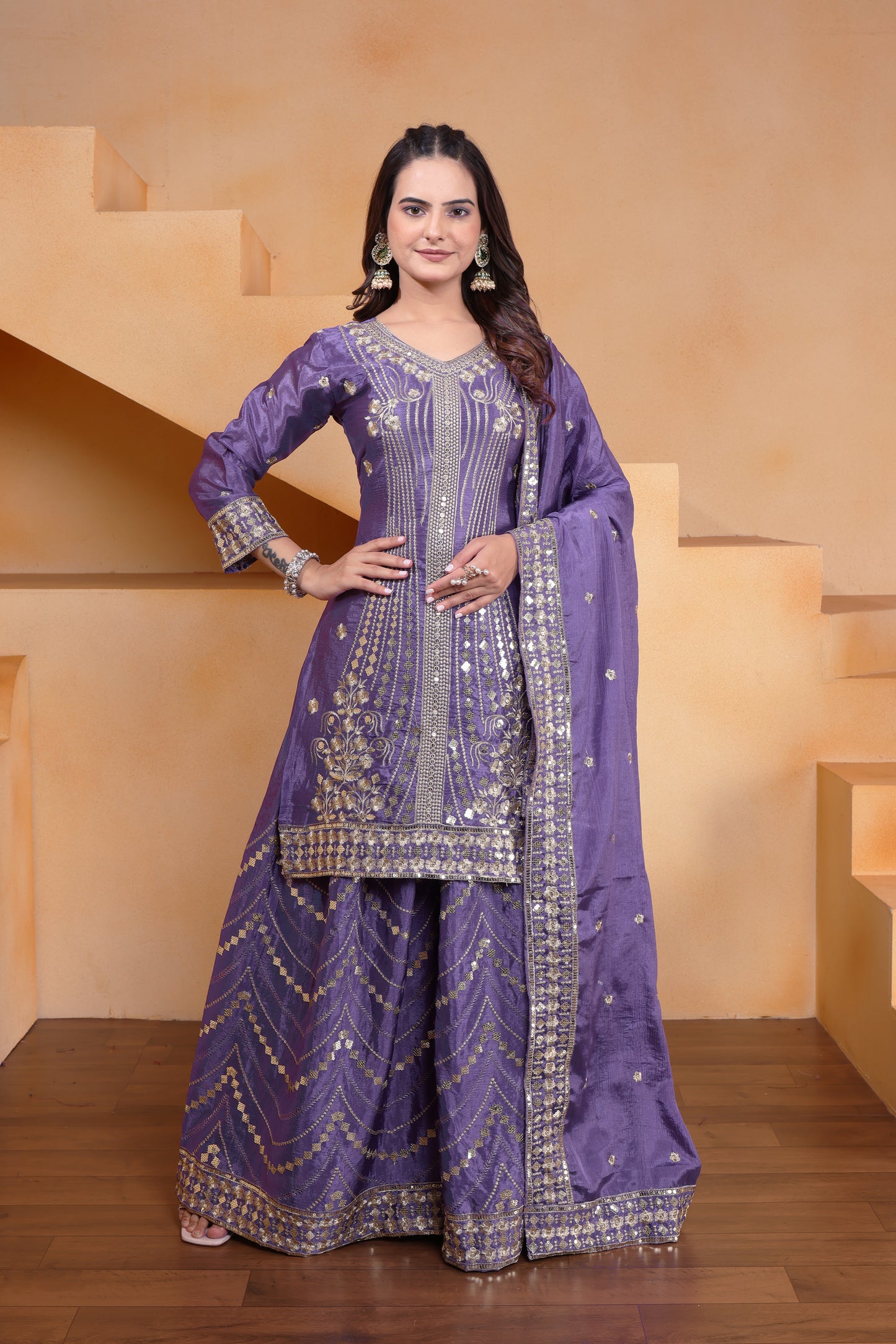 Chinon Sequence Embroidered Top Sharara Dupatta Set