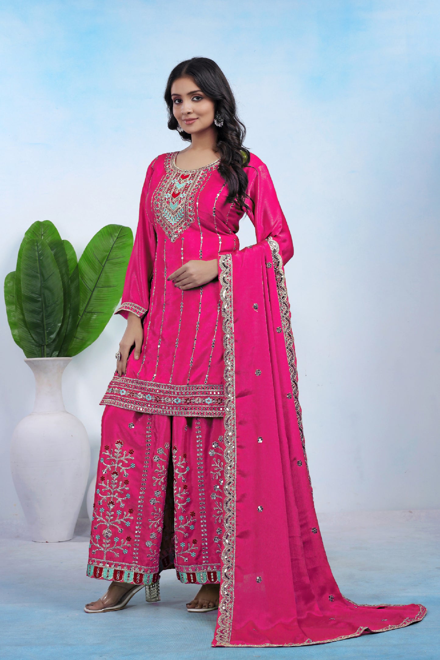 Chinon Embroidered Suit with Sharara and Dupatta