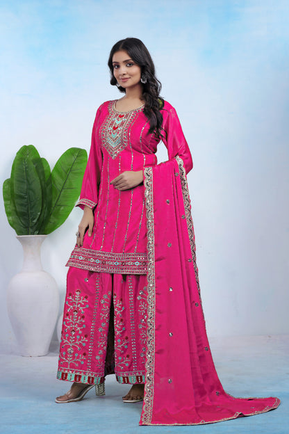 Chinon Embroidered Suit with Sharara and Dupatta
