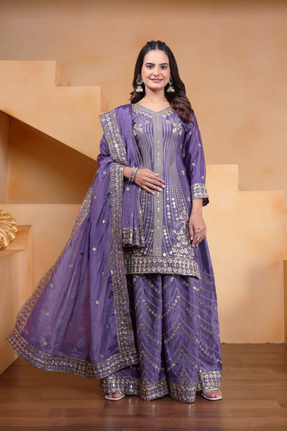Chinon Sequence Embroidered Top Sharara Dupatta Set