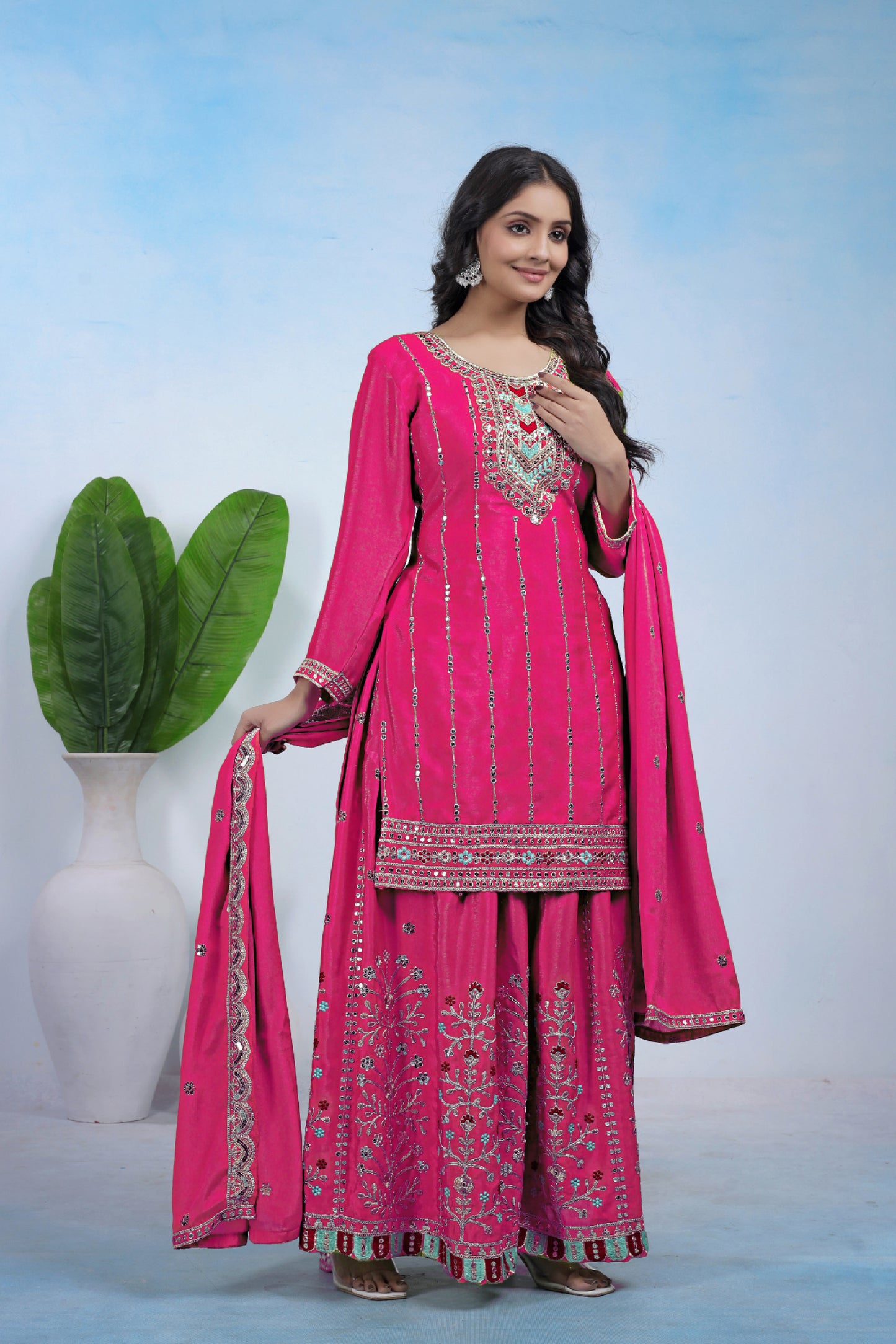 Chinon Embroidered Suit with Sharara and Dupatta