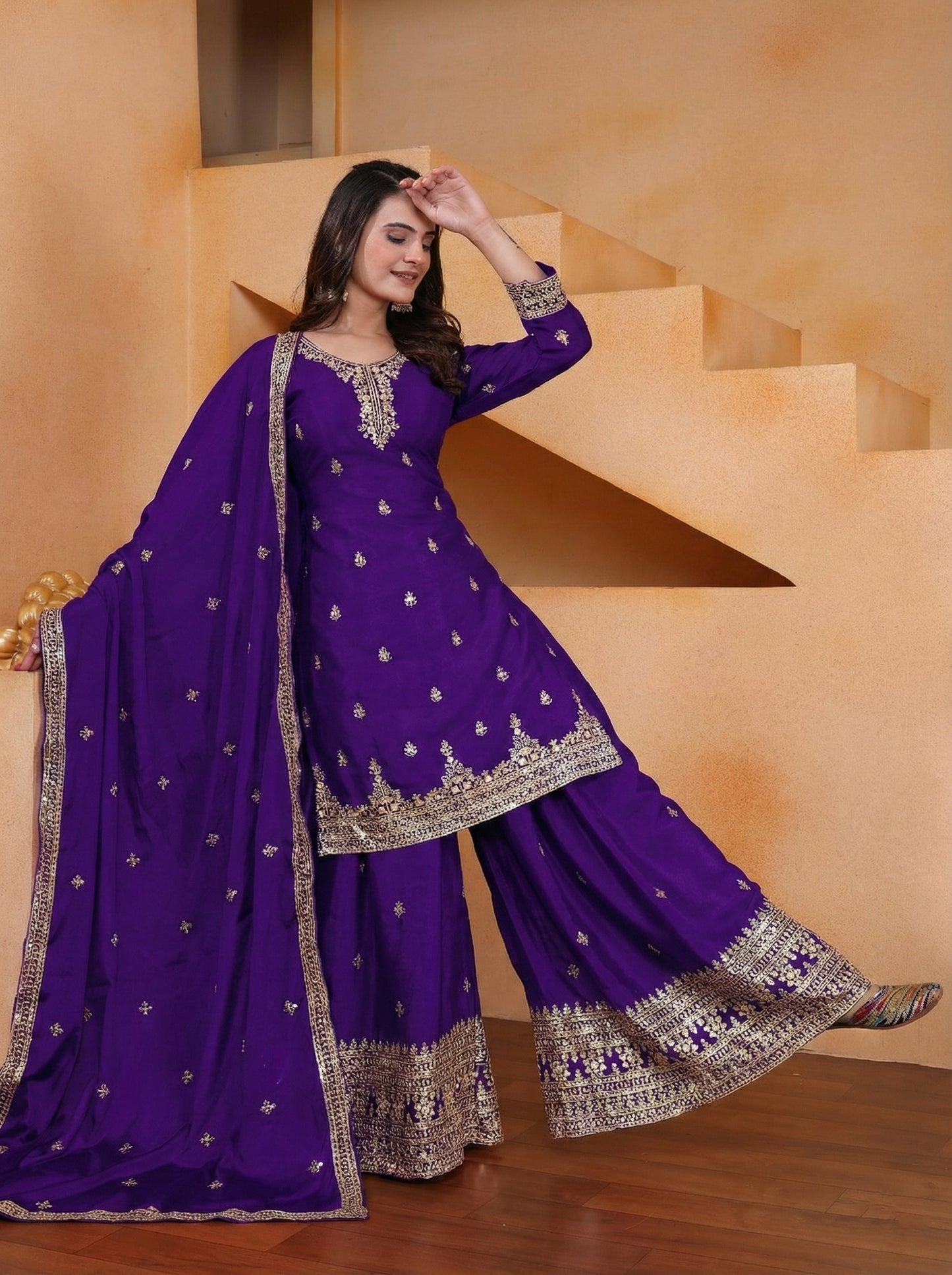 Chinon Sequence Embroidered Top Sharara Dupatta Set