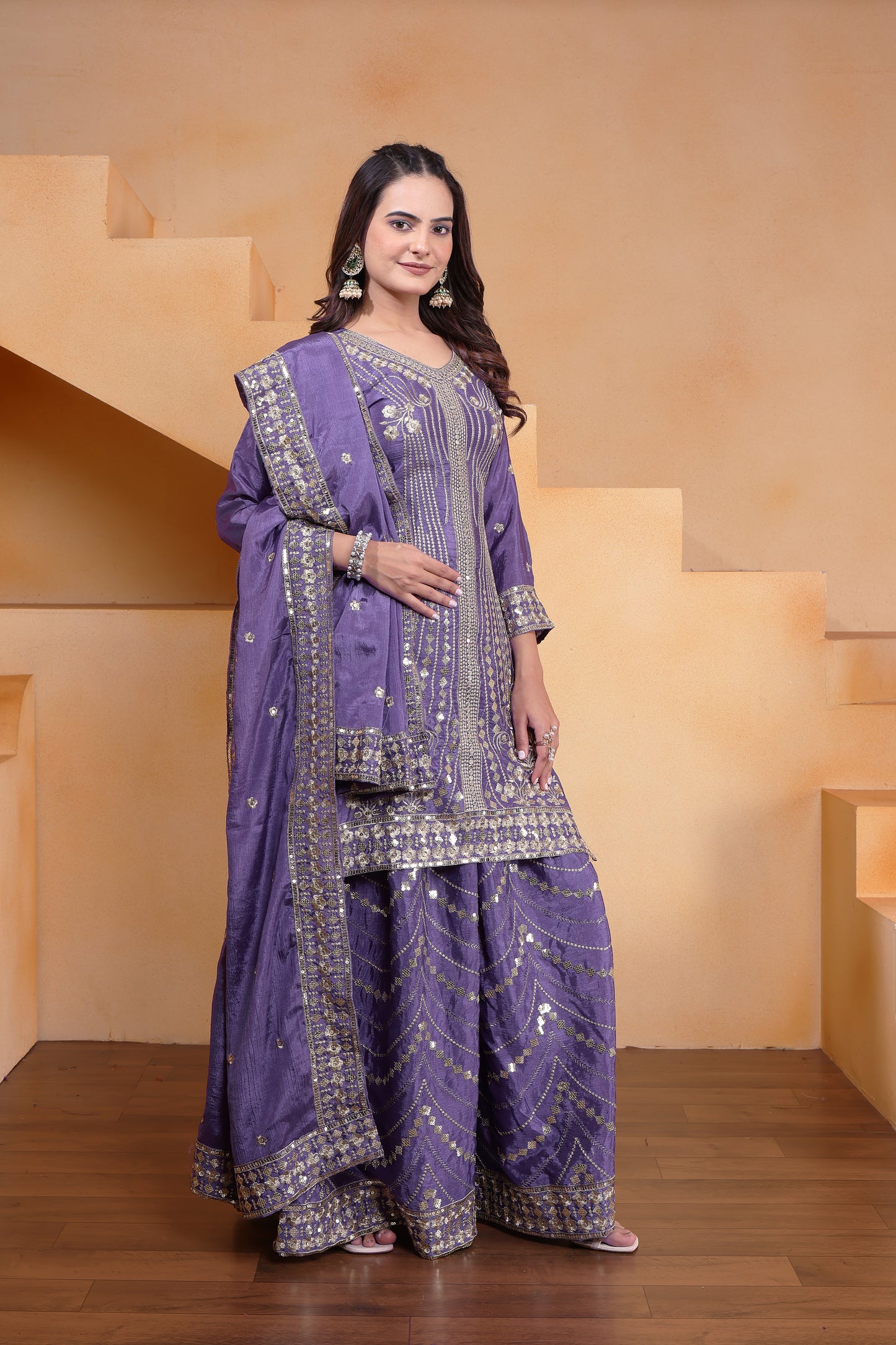 Chinon Sequence Embroidered Top Sharara Dupatta Set