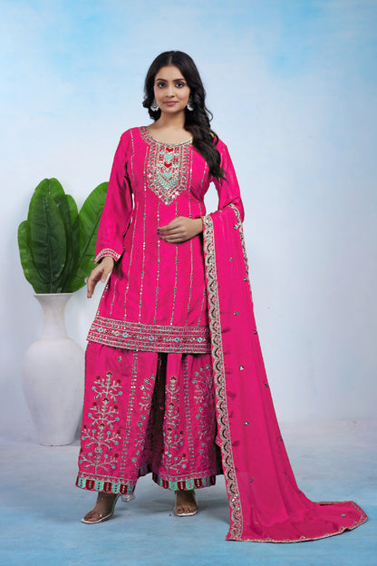 Chinon Embroidered Suit with Sharara and Dupatta