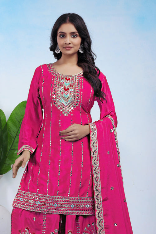 Chinon Embroidered Suit with Sharara and Dupatta