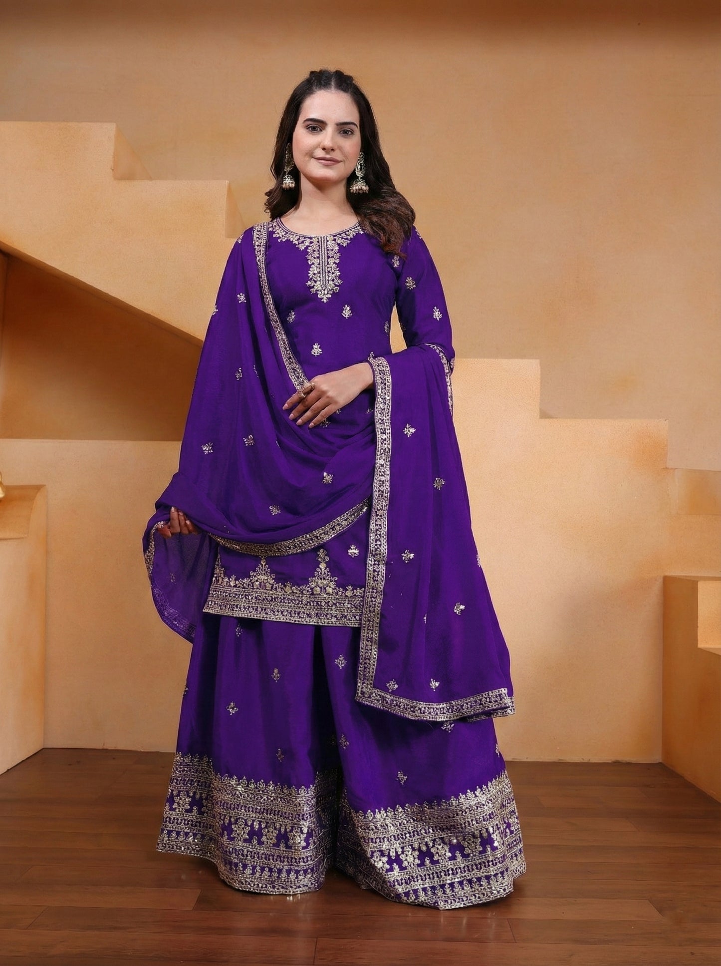 Chinon Sequence Embroidered Top Sharara Dupatta Set