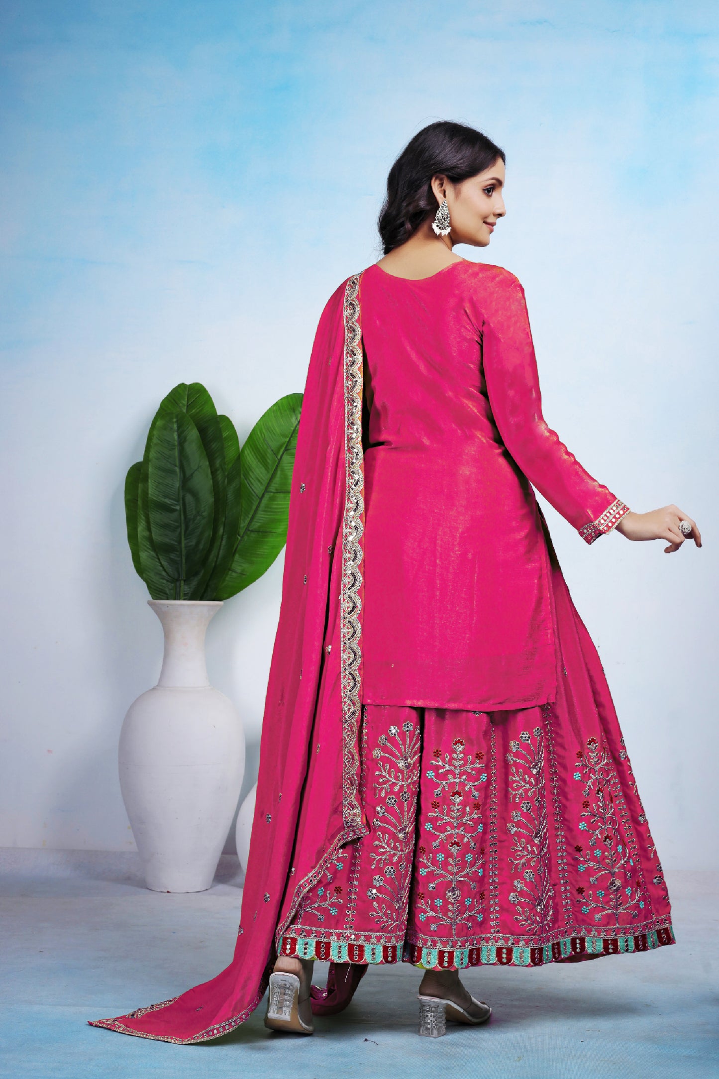 Chinon Embroidered Suit with Sharara and Dupatta