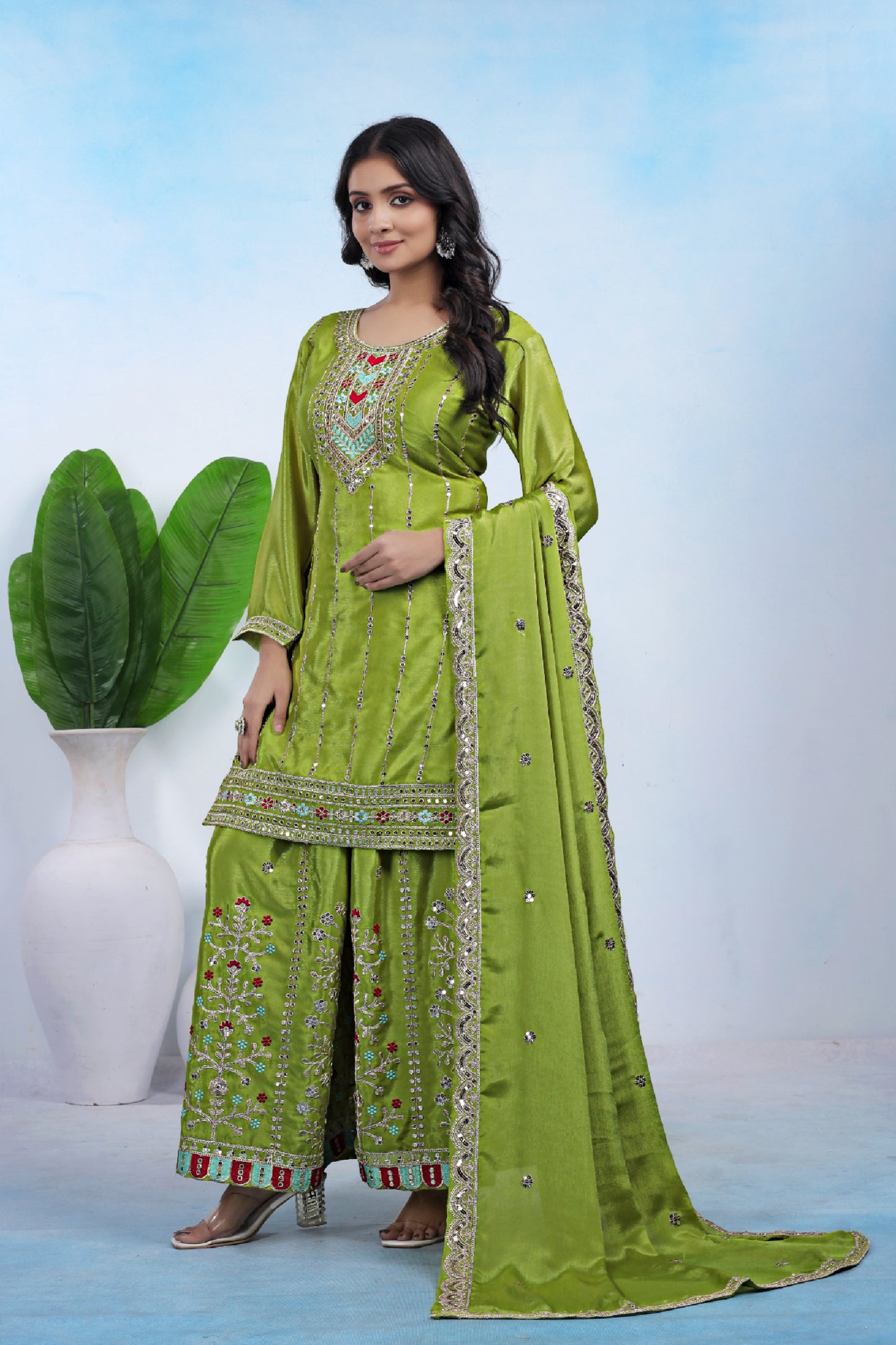 Chinon Embroidered Suit with Sharara and Dupatta