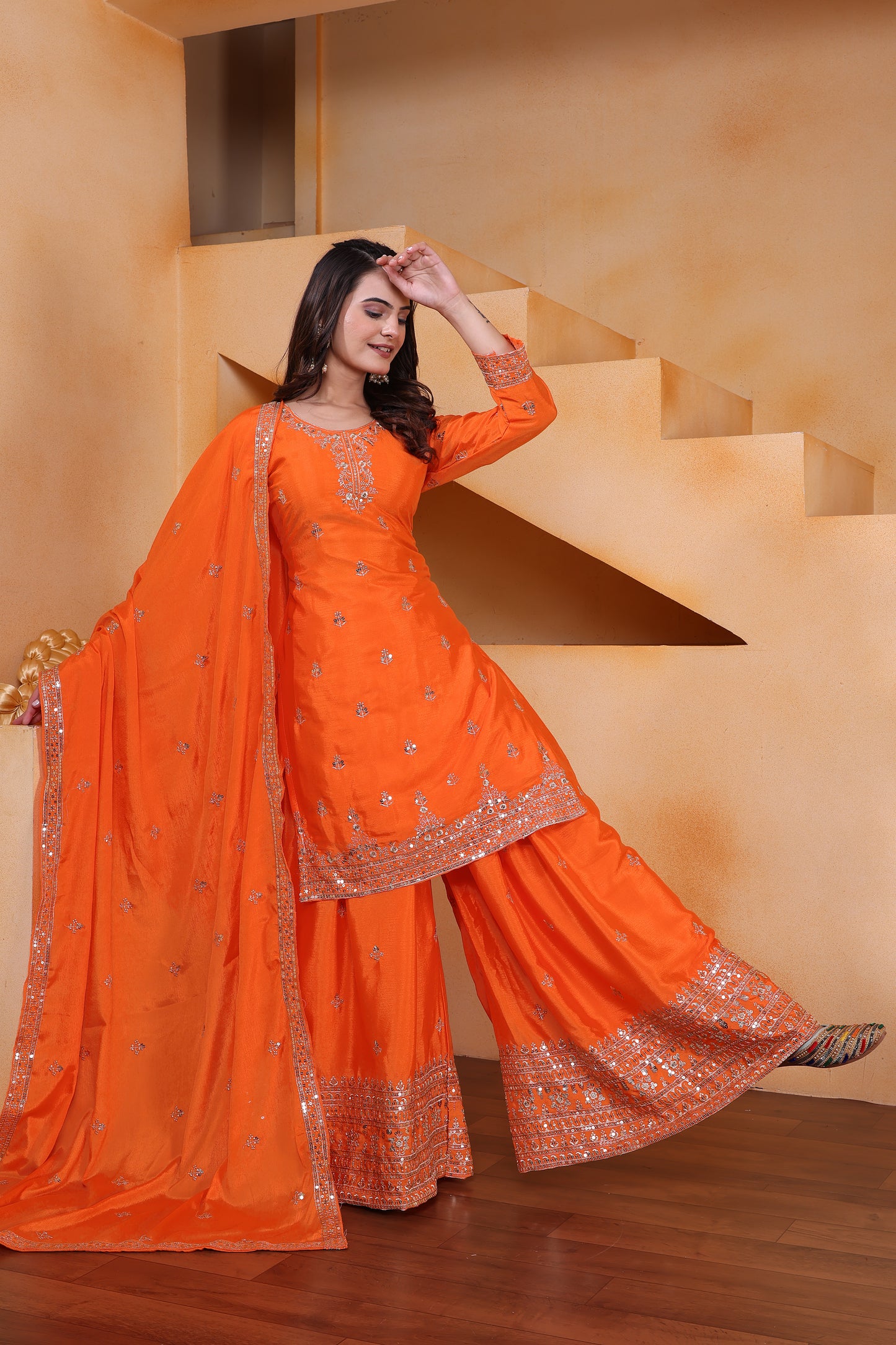 Chinon Sequence Embroidered Top Sharara Dupatta Set