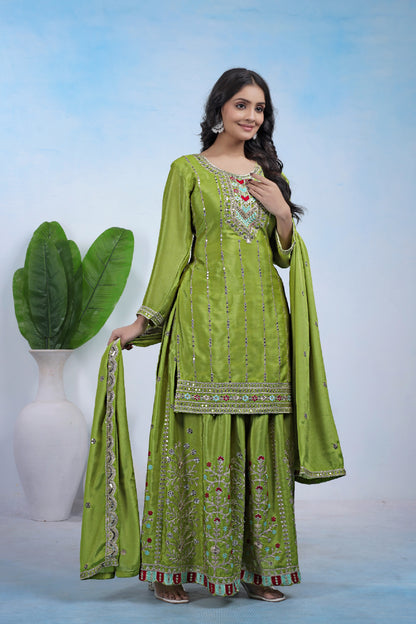 Chinon Embroidered Suit with Sharara and Dupatta