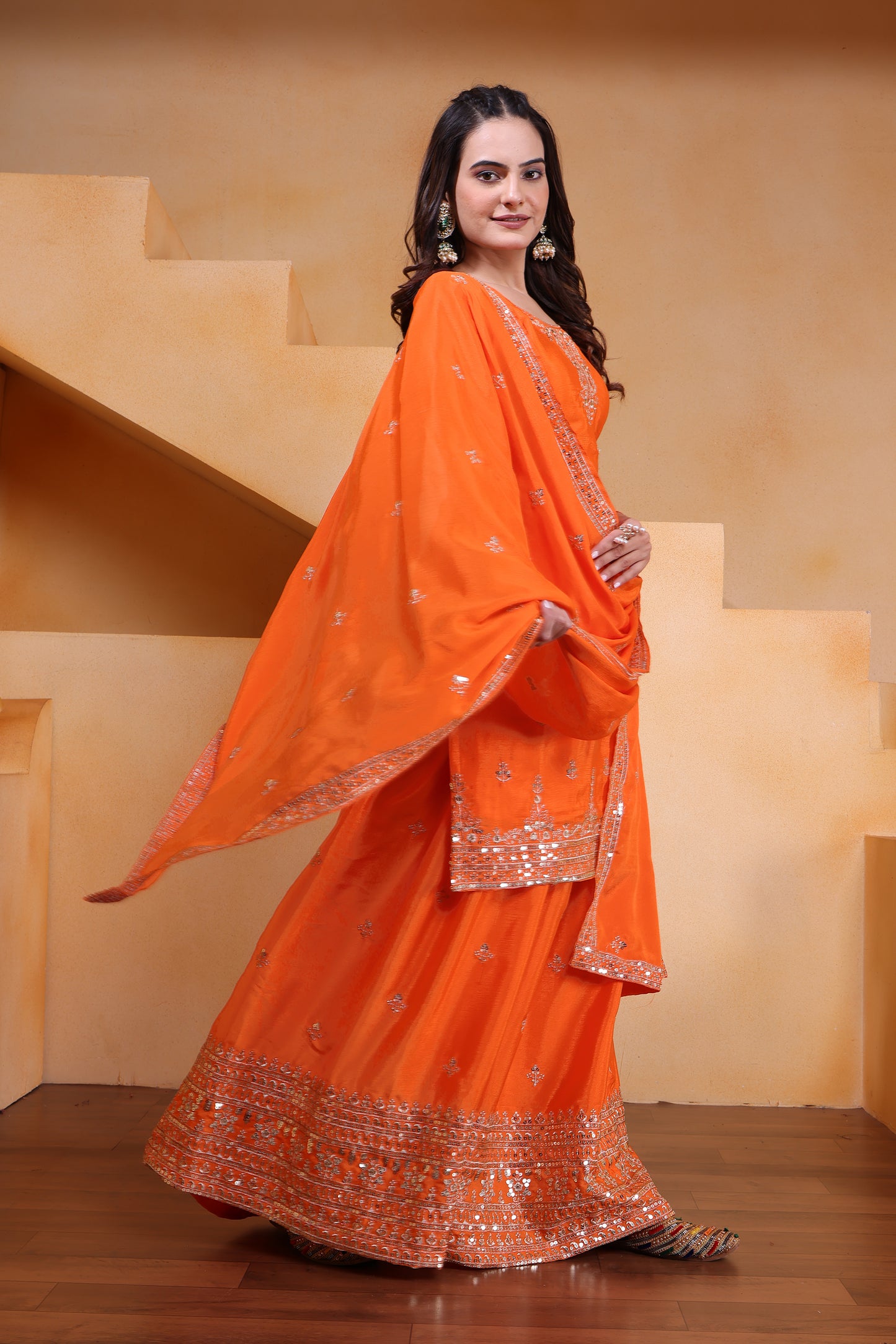 Chinon Sequence Embroidered Top Sharara Dupatta Set