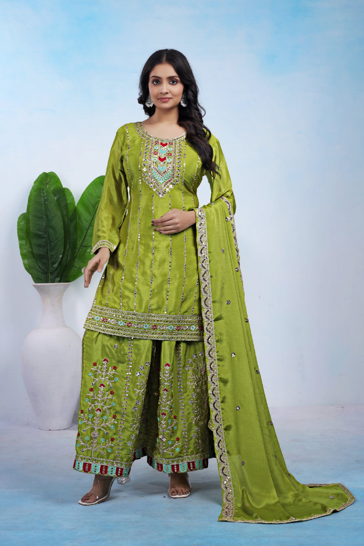 Chinon Embroidered Suit with Sharara and Dupatta