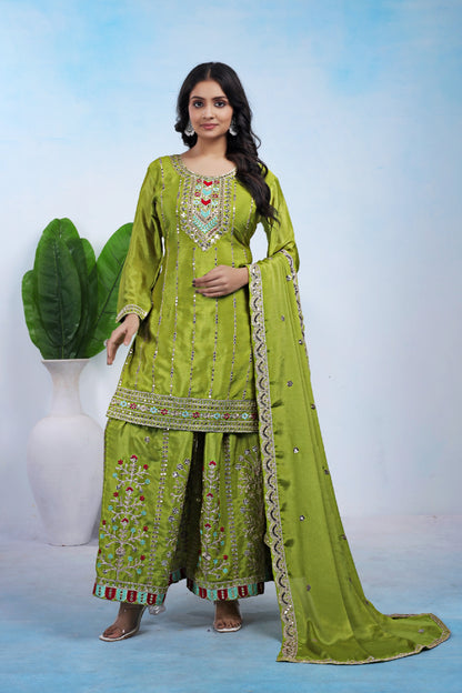 Chinon Embroidered Suit with Sharara and Dupatta
