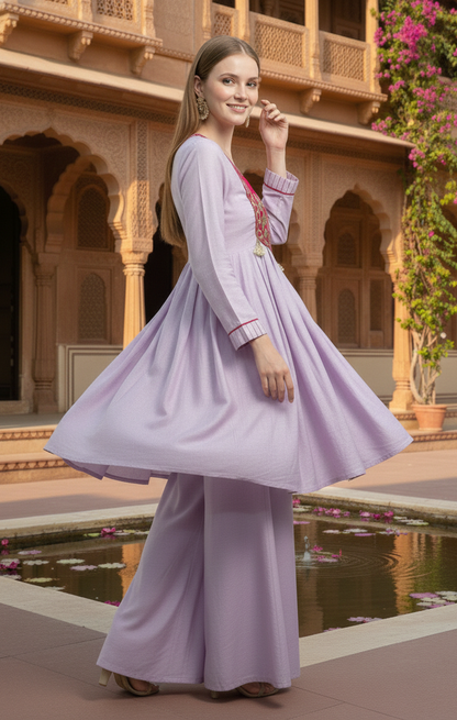 Lavender Contrast Yoke Embroidered Moti Sharara Co-ord Kurta Set