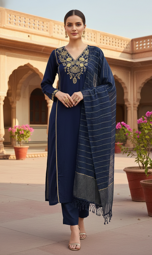 Pure Satori Silk Embroidered Kurta Set with Banarasi Dupatta