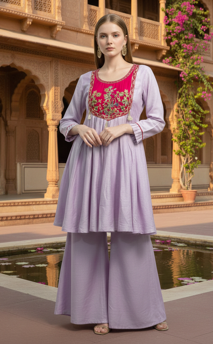 Lavender Contrast Yoke Embroidered Moti Sharara Co-ord Kurta Set