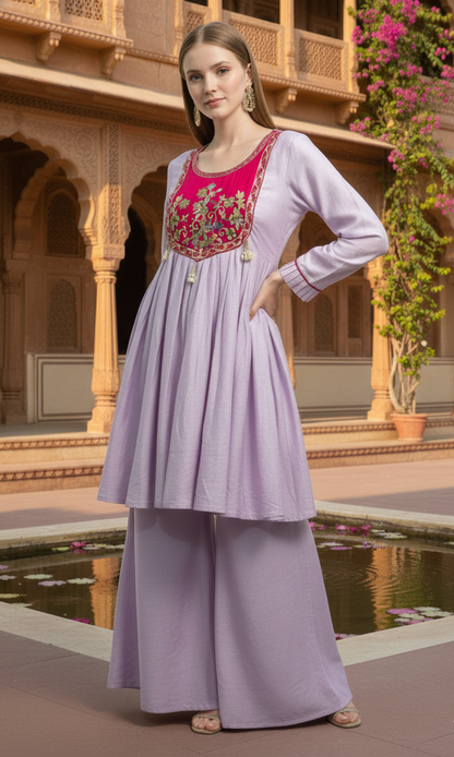 Lavender Contrast Yoke Embroidered Moti Sharara Co-ord Kurta Set