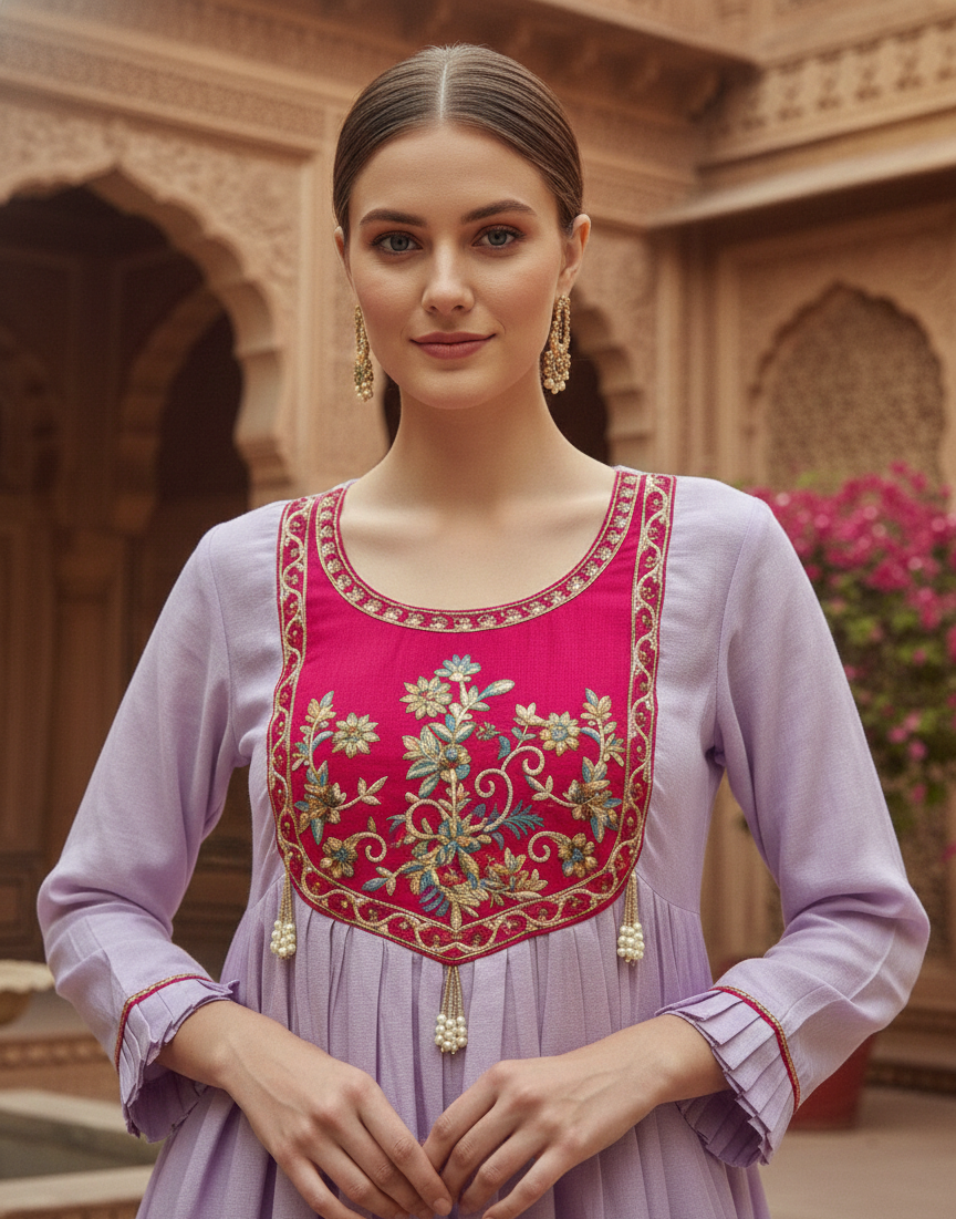 Lavender Contrast Yoke Embroidered Moti Sharara Co-ord Kurta Set