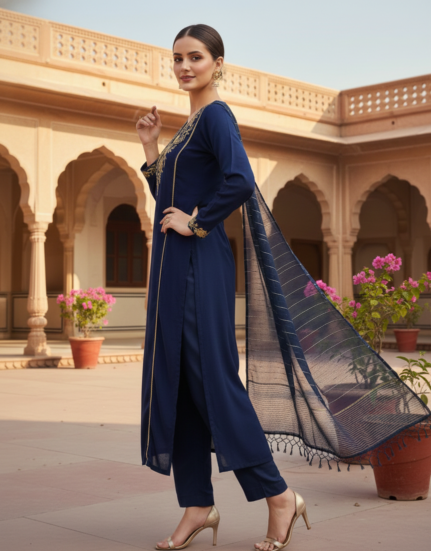 Pure Satori Silk Embroidered Kurta Set with Banarasi Dupatta