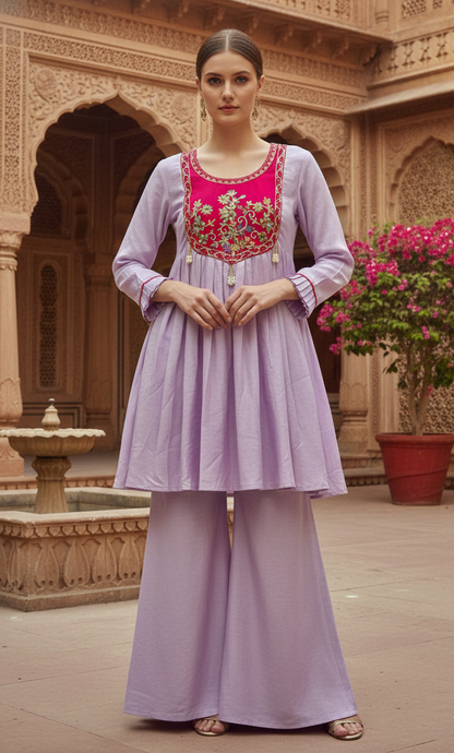 Lavender Contrast Yoke Embroidered Moti Sharara Co-ord Kurta Set