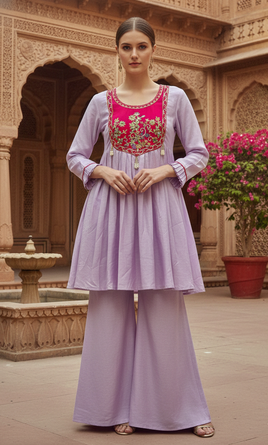Lavender Contrast Yoke Embroidered Moti Sharara Co-ord Kurta Set