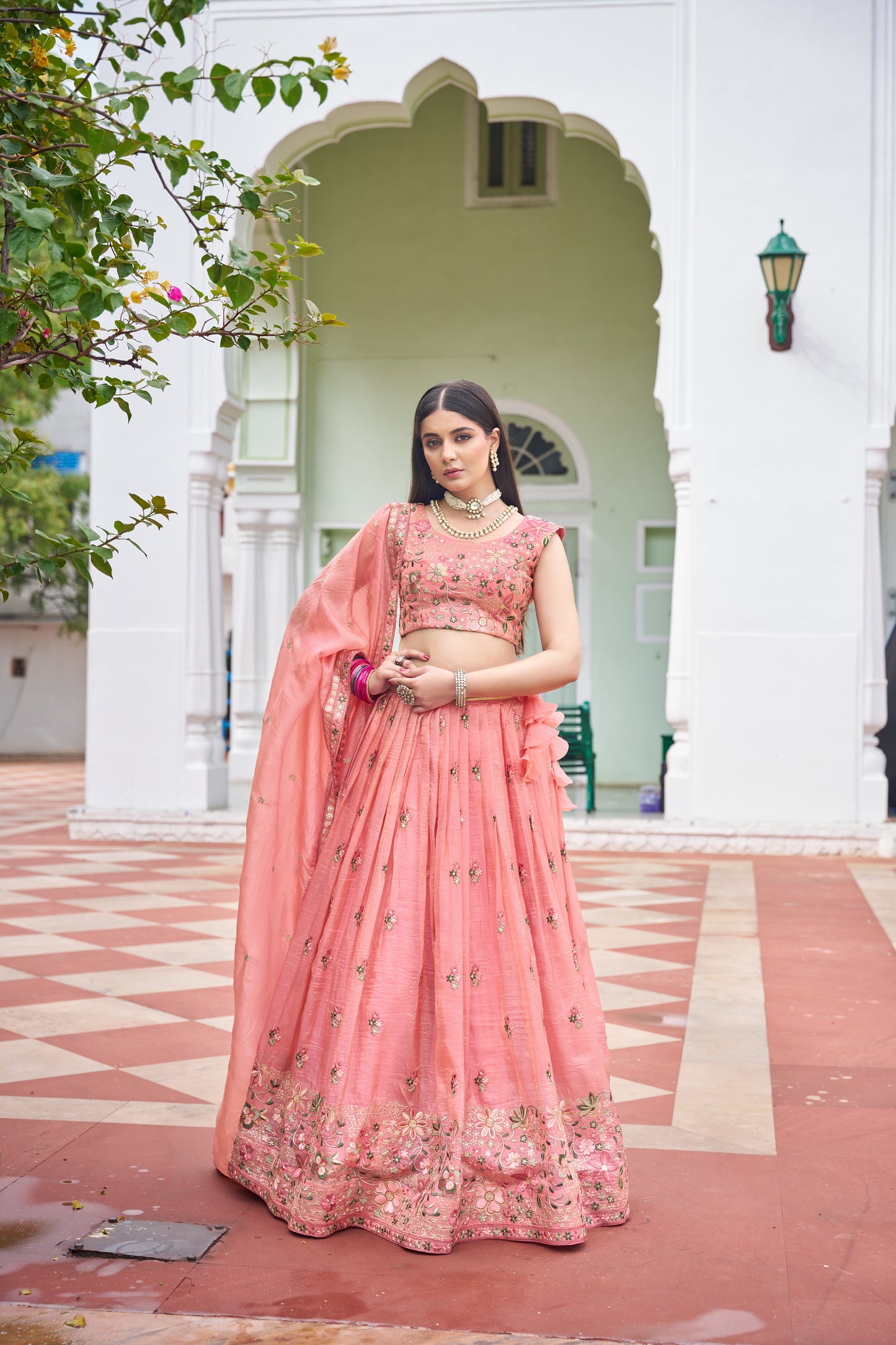 Premium Gold Crush Embroidered Lehenga Unstitched Choli with Dupatta Color Pink and light Green