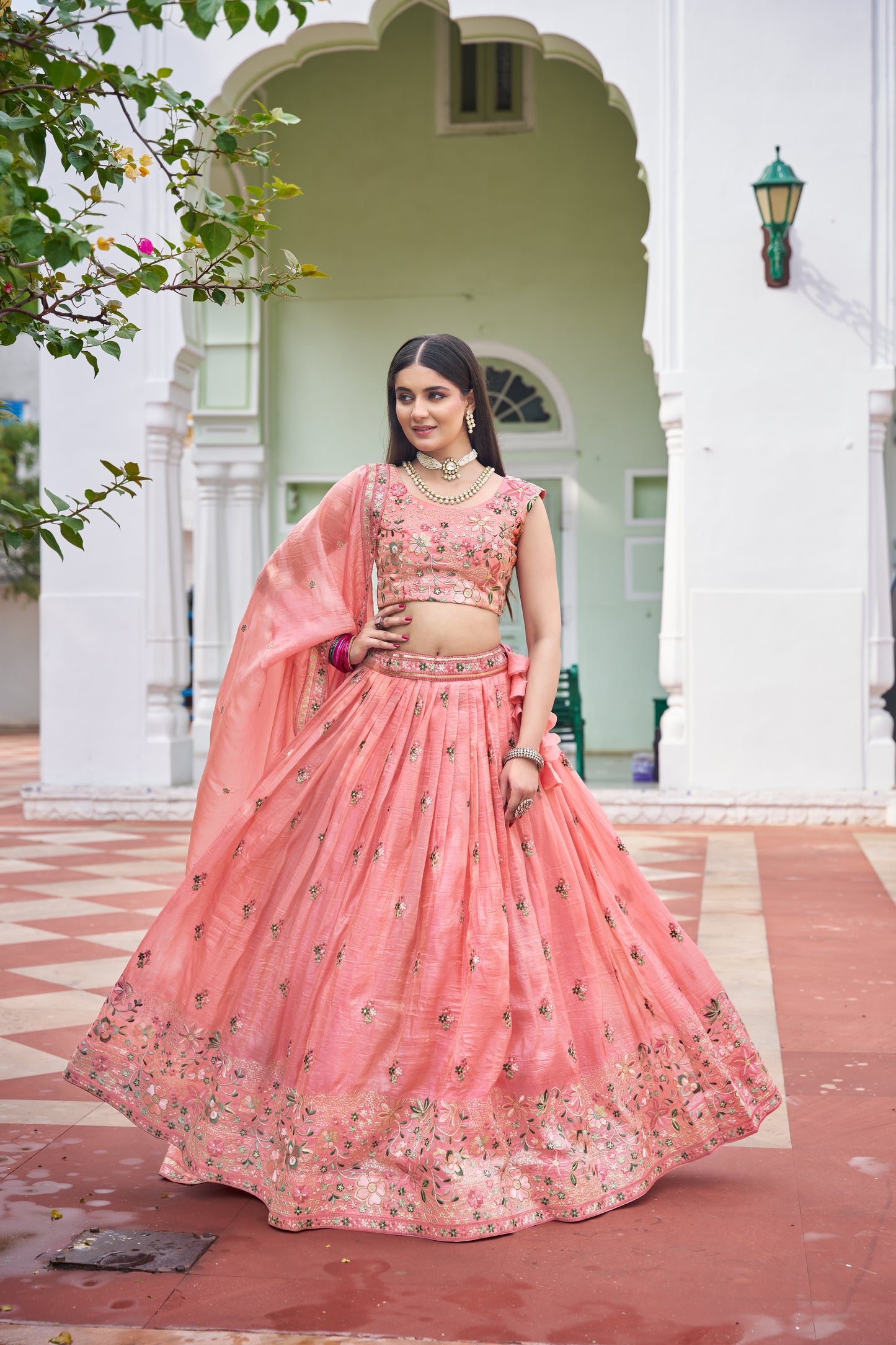 Premium Gold Crush Embroidered Lehenga Unstitched Choli with Dupatta Color Pink and light Green