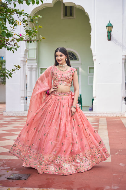 Premium Gold Crush Embroidered Lehenga Unstitched Choli with Dupatta Color Pink and light Green