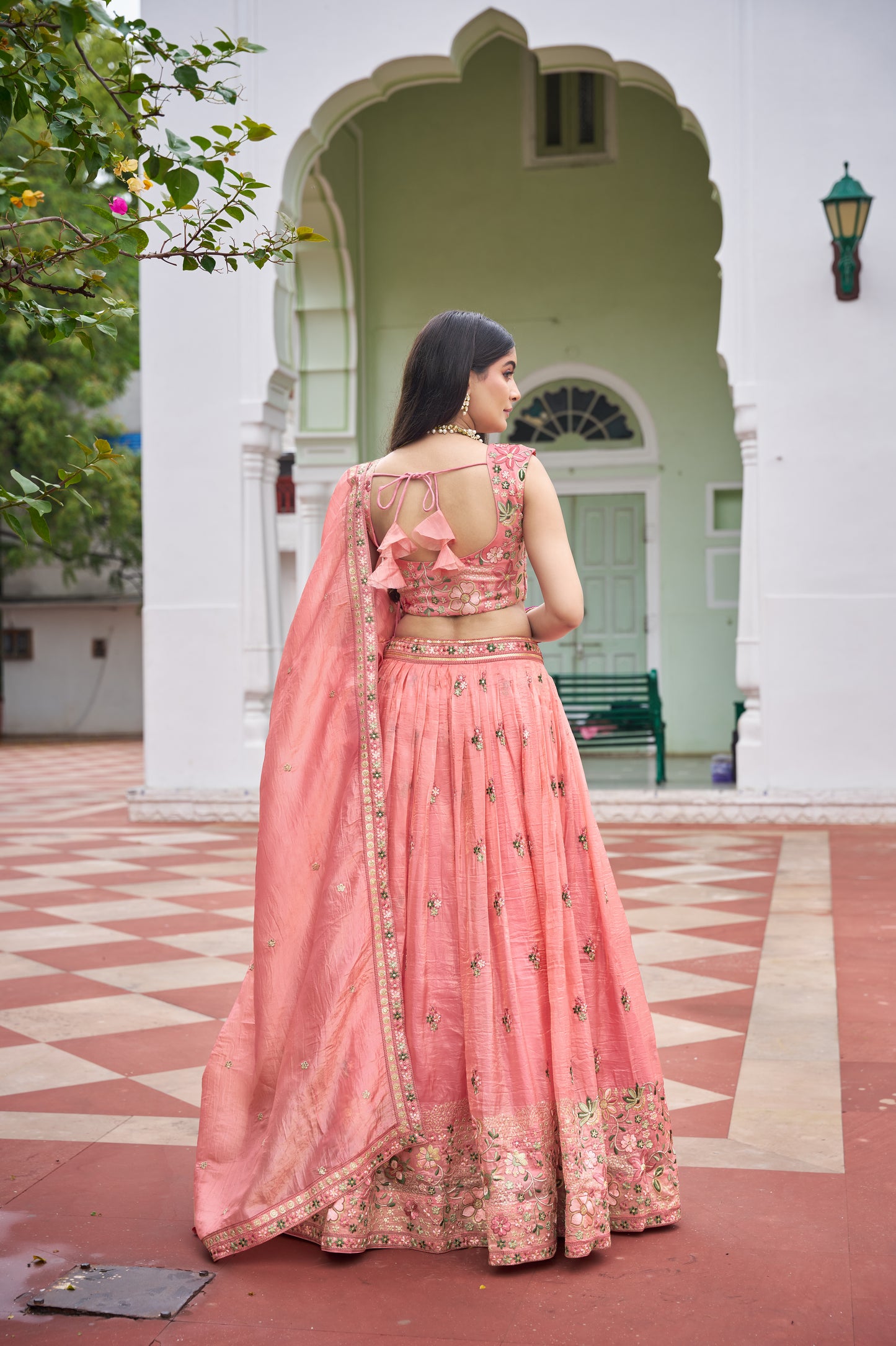 Premium Gold Crush Embroidered Lehenga Unstitched Choli with Dupatta Color Pink and light Green