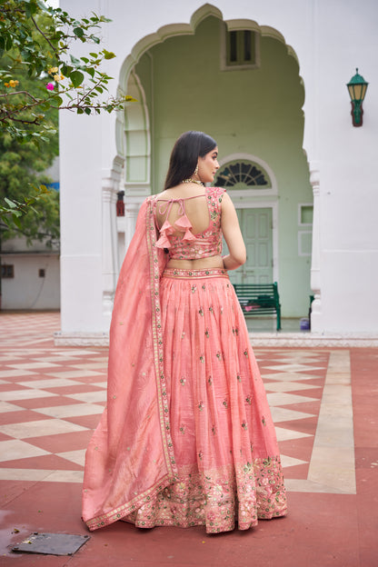 Premium Gold Crush Embroidered Lehenga Unstitched Choli with Dupatta Color Pink and light Green