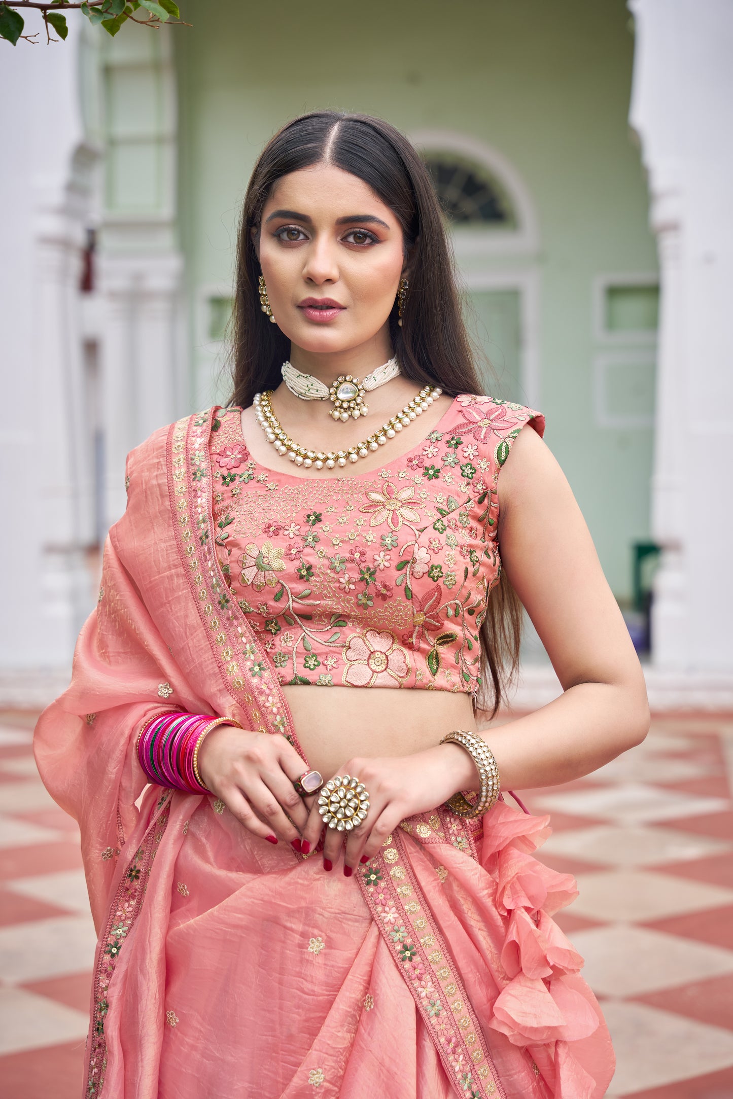 Premium Gold Crush Embroidered Lehenga Unstitched Choli with Dupatta Color Pink and light Green