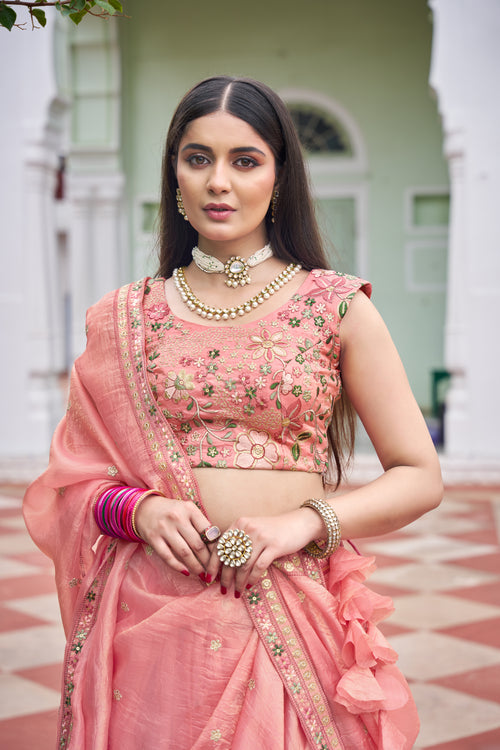 Premium Gold Crush Embroidered Lehenga Unstitched Choli with Dupatta Color Pink and light Green