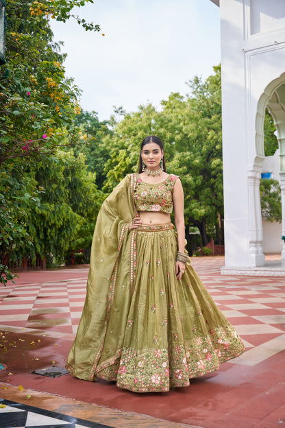 Premium Gold Crush Embroidered Lehenga Unstitched Choli with Dupatta Color Pink and light Green