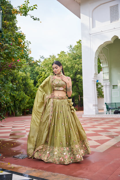Premium Gold Crush Embroidered Lehenga Unstitched Choli with Dupatta Color Pink and light Green