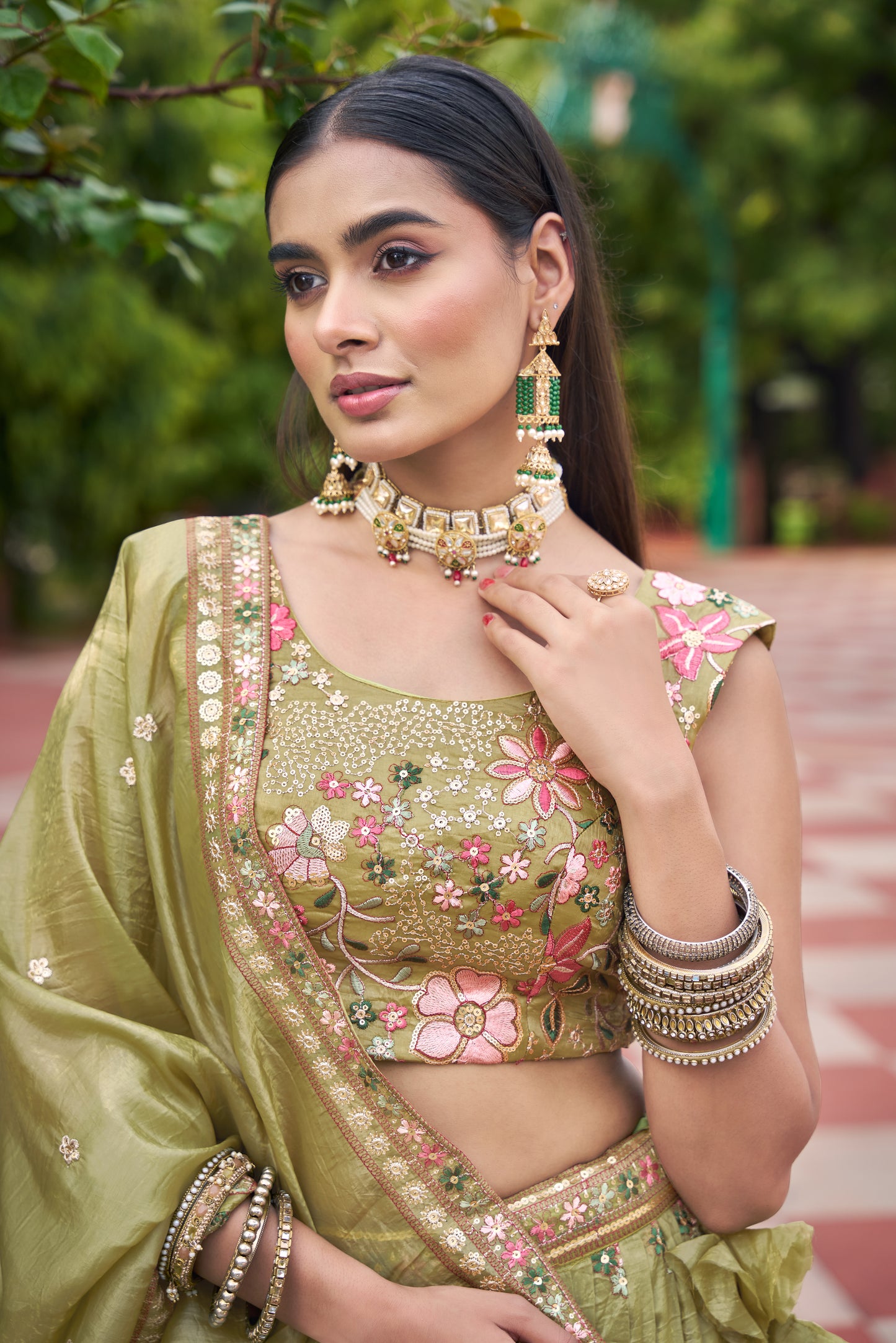 Premium Gold Crush Embroidered Lehenga Unstitched Choli with Dupatta Color Pink and light Green