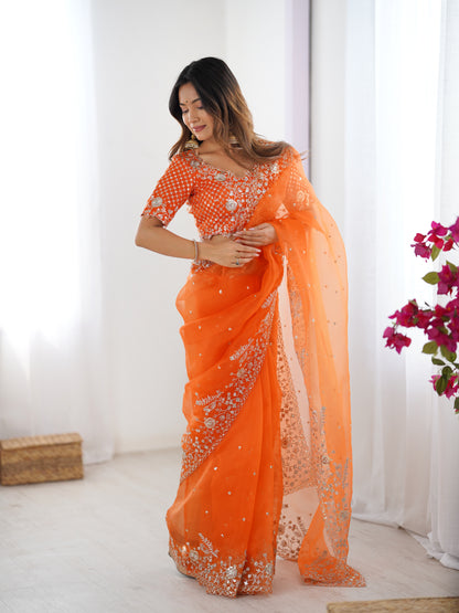 Heavy Organza Silk Embroidered Designer Saree with Unstitched Blouse