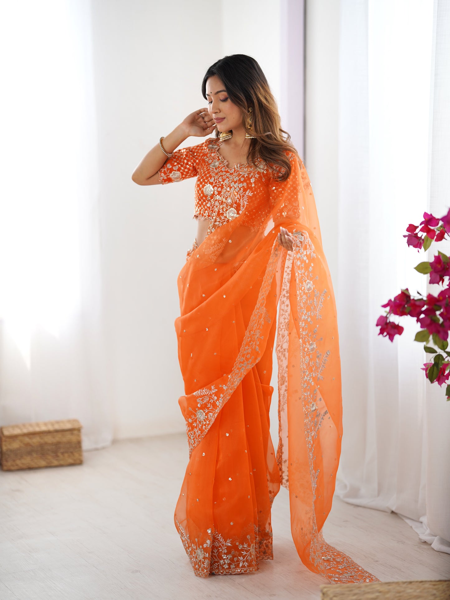 Heavy Organza Silk Embroidered Designer Saree with Unstitched Blouse