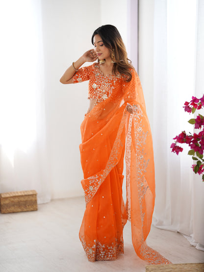 Heavy Organza Silk Embroidered Designer Saree with Unstitched Blouse