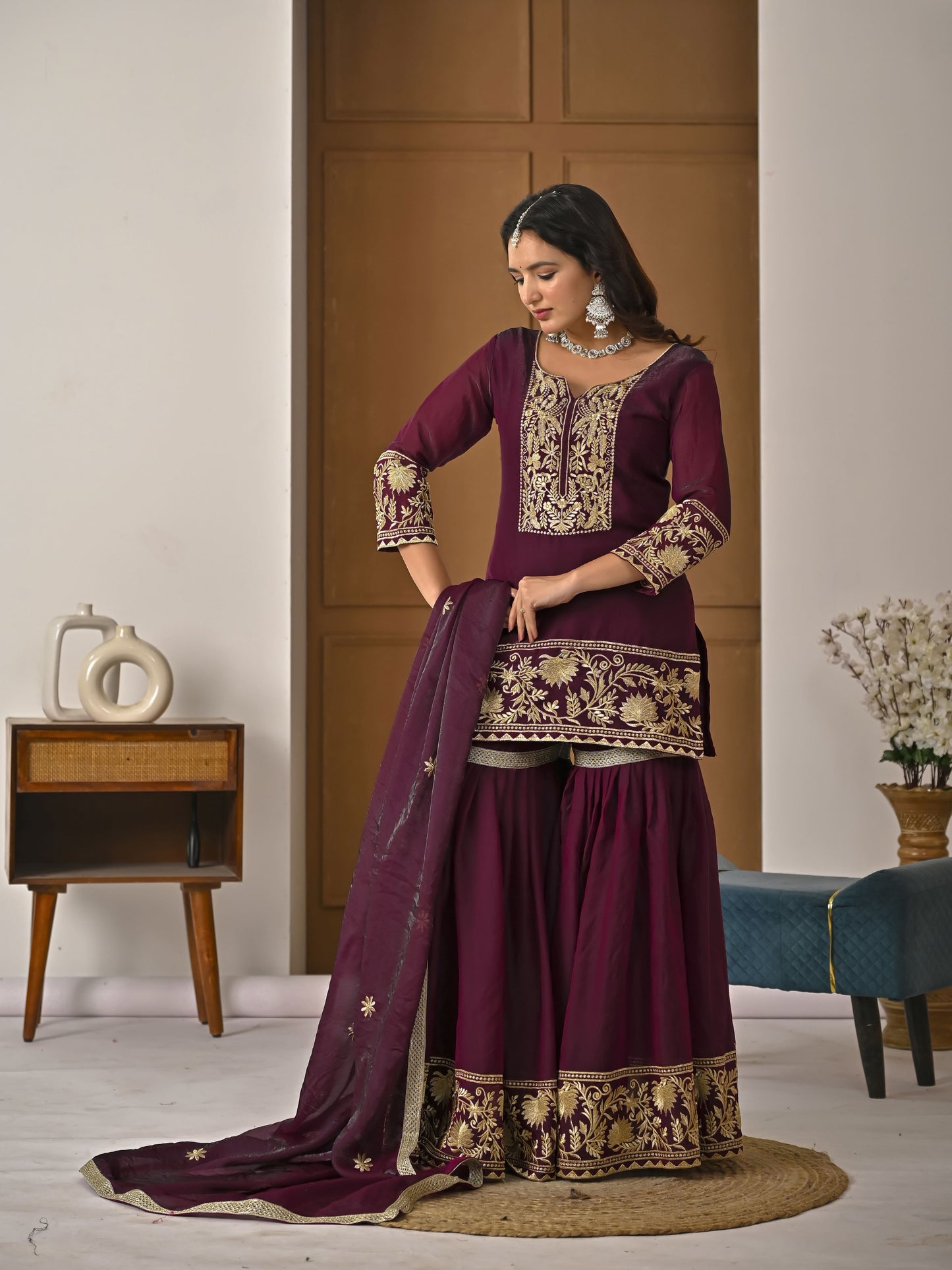 Heavy Fendy Silk Embroidered Top Sharara Palazzo Set with Dupatta