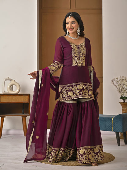 Heavy Fendy Silk Embroidered Top Sharara Palazzo Set with Dupatta