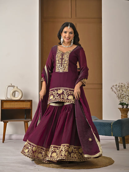 Heavy Fendy Silk Embroidered Top Sharara Palazzo Set with Dupatta