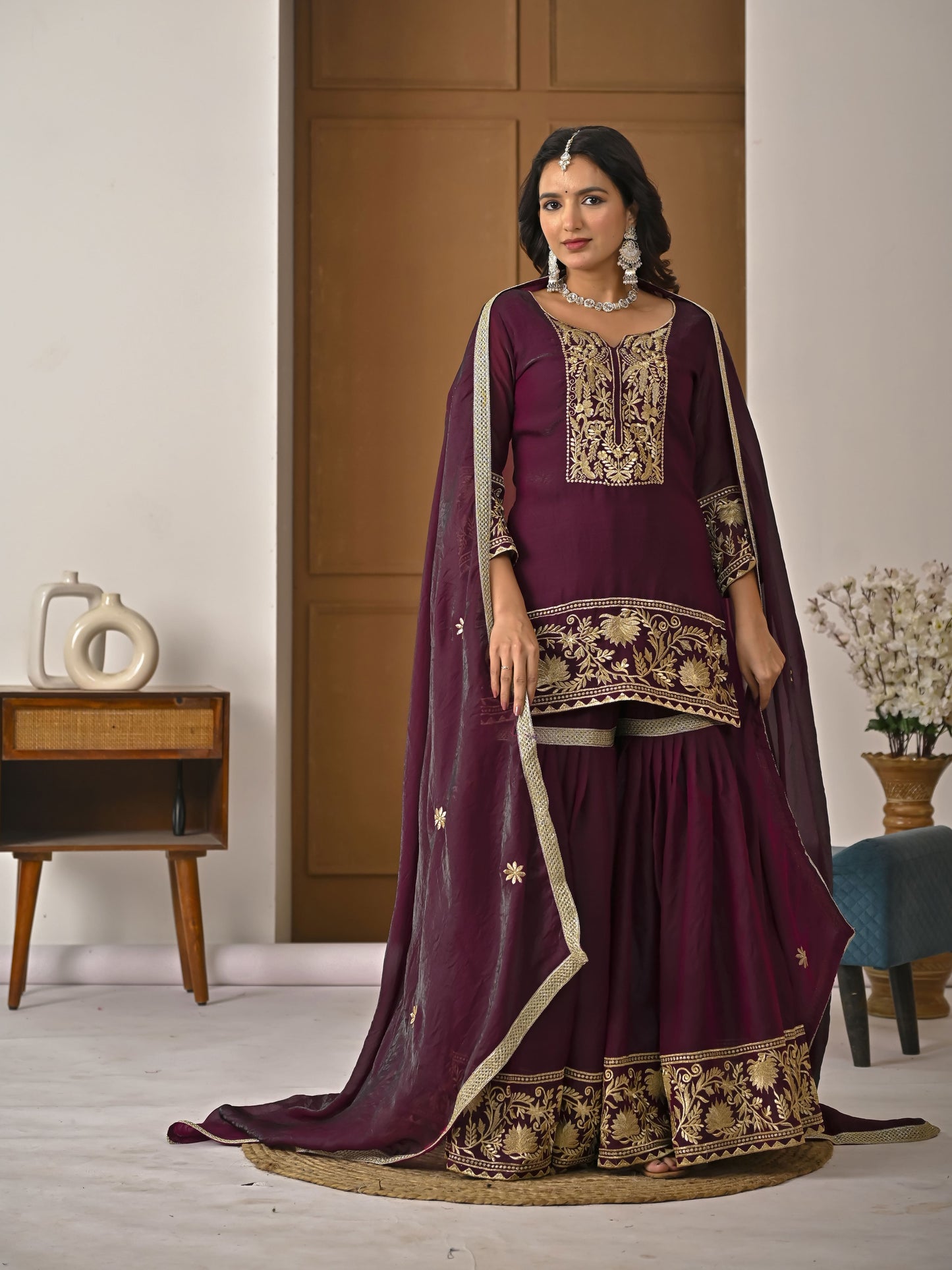 Heavy Fendy Silk Embroidered Top Sharara Palazzo Set with Dupatta