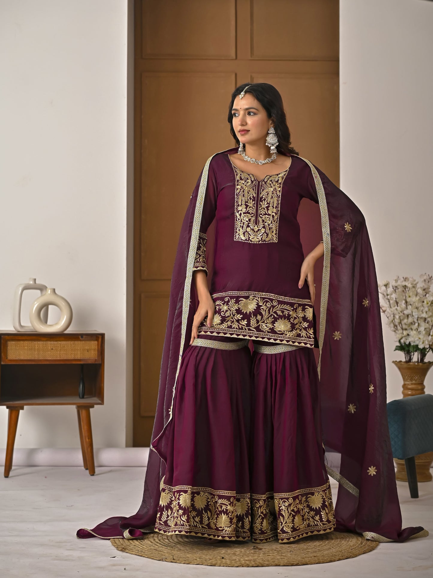 Heavy Fendy Silk Embroidered Top Sharara Palazzo Set with Dupatta